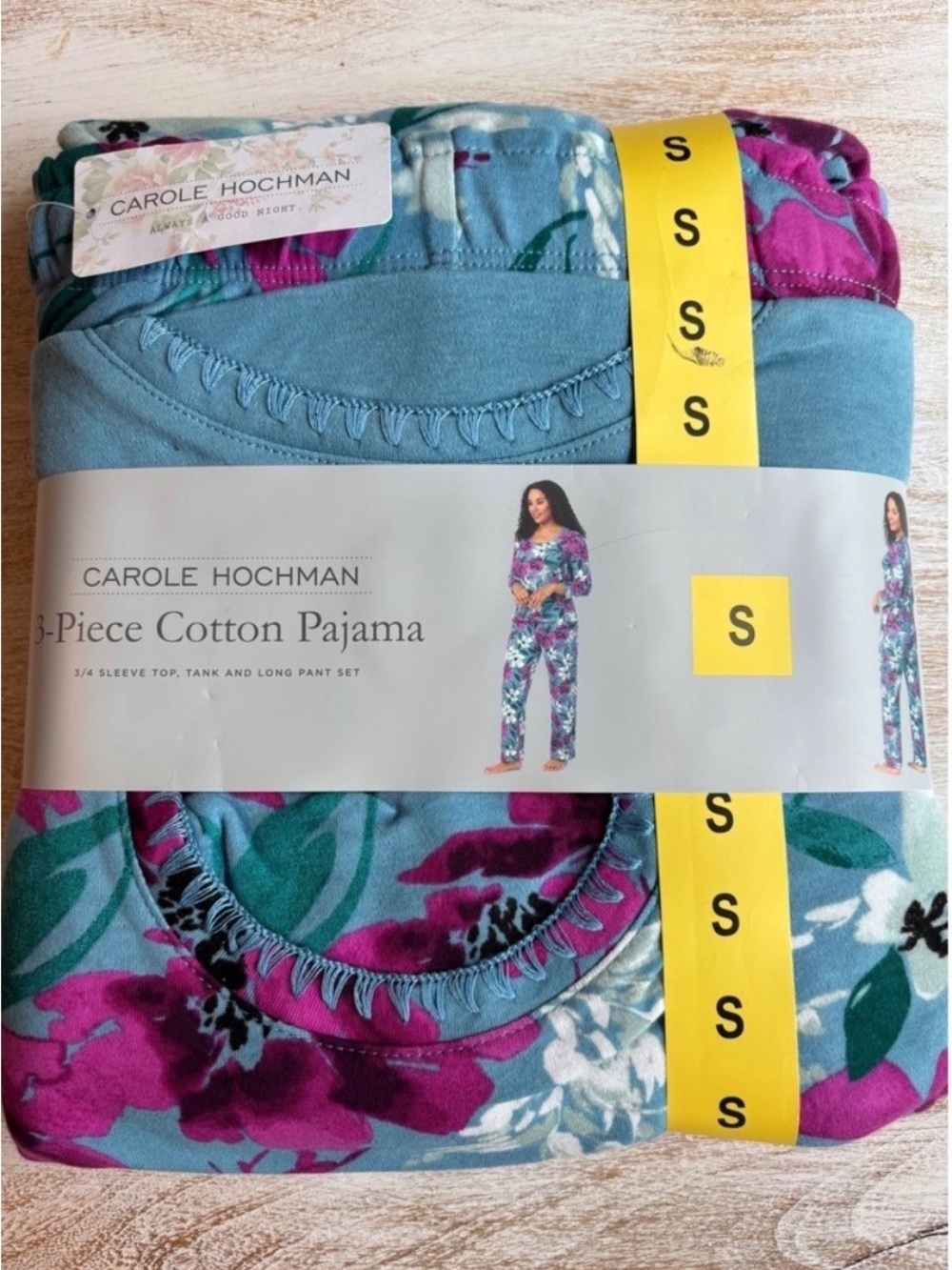Midnight by Carole Hochman Blue Floral 3-Piece Cotton Pajama Set Sz Small NWT - Picture 5 of 5